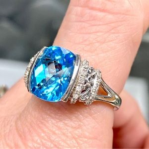 5 Carat Blue Topaz & Diamond Bar Row Antique Scroll Ring in 925 Sterling Silver